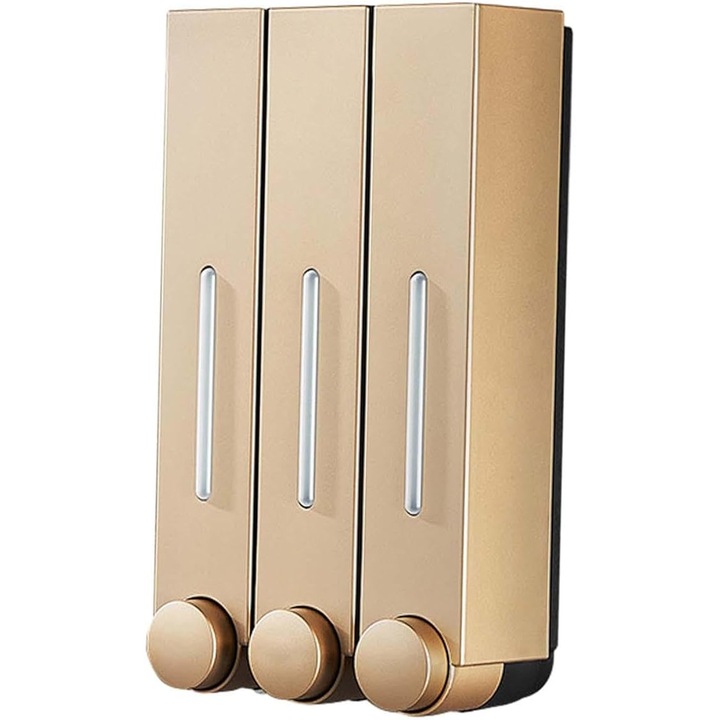 Dozator de Sapun Lichid de Perete, Manual, cu 3 Rezervoare, Elegant Auriu pentru Sampon si Gel de Dus, pentru Baie, Hotel, Birou