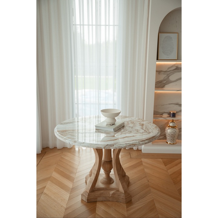 Трапезна маса от масивно дърво с плот от естествен мраморq 120/80 см