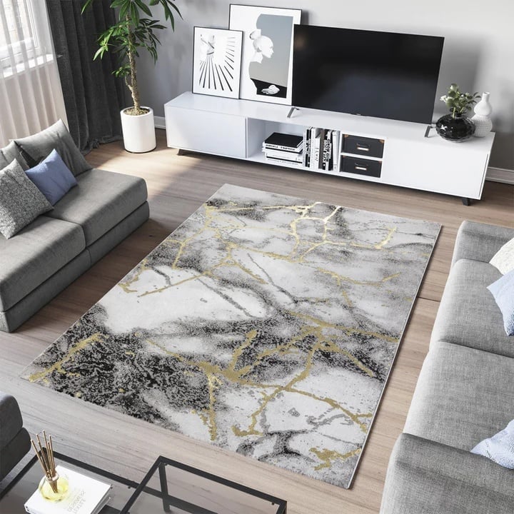 Covor Livario MARMARA Gresie Grey Gold, 150 x 230 cm – design piatra naturala, fir dens 12 mm, antiderapant, modern si rezistent