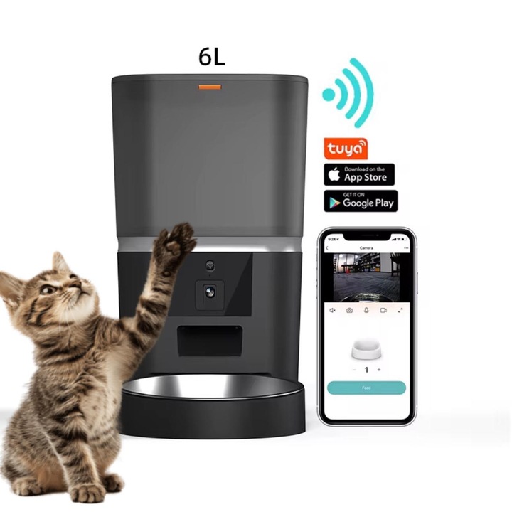 Автоматичен дозатор за храна за кучета и котки, AMYMAT Pro, вместимост 6 л, купа от неръждаема стомана, звук за хранене, програмируем, двойно захранване, приложение за телефон, аксесоари за животни, черен цвят