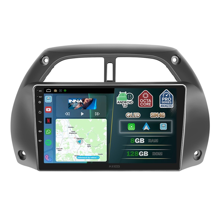 Navigatie Toyota RAV4 (2000-2006) dedicata, MaxTech® PRO SERIES, 8 GB Ram 128 GB Rom OctaCore, Carplay & Android auto, Ecran 9” HD Touch, SIM 4G, GPS, Wifi, Bluetooth, Radio, EQ, Waze, Youtube