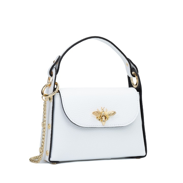 Geantă din piele naturală Mini Lety Bee, albă, curea ajustabilă, design compact, 19x6,5x14,5cm