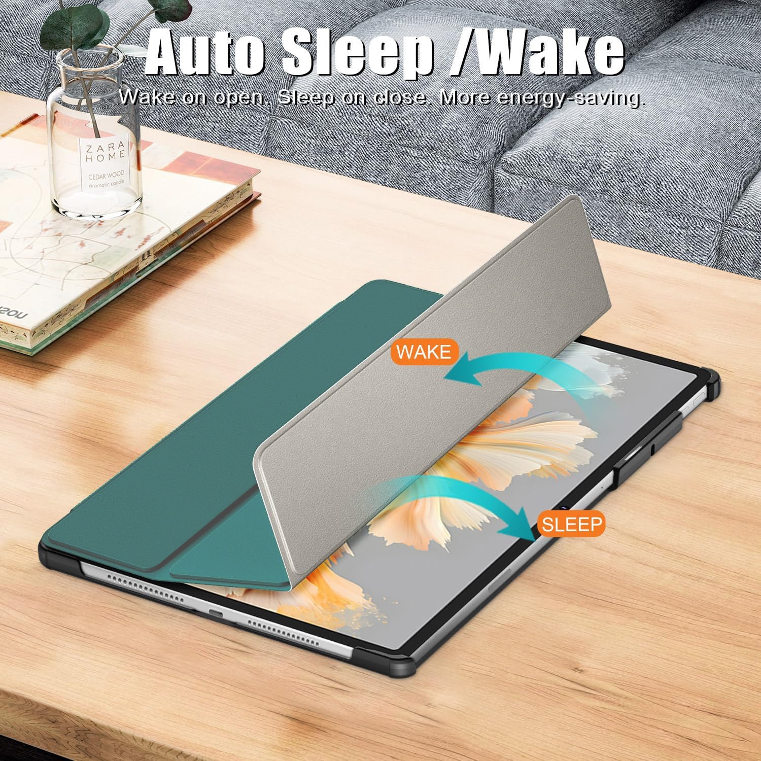 Husa tableta pentru, Lenovo Yoga Tab Plus 12.7" 2025, Omelivon, Auto functie sleep/wake tip stand, Verde inchis
