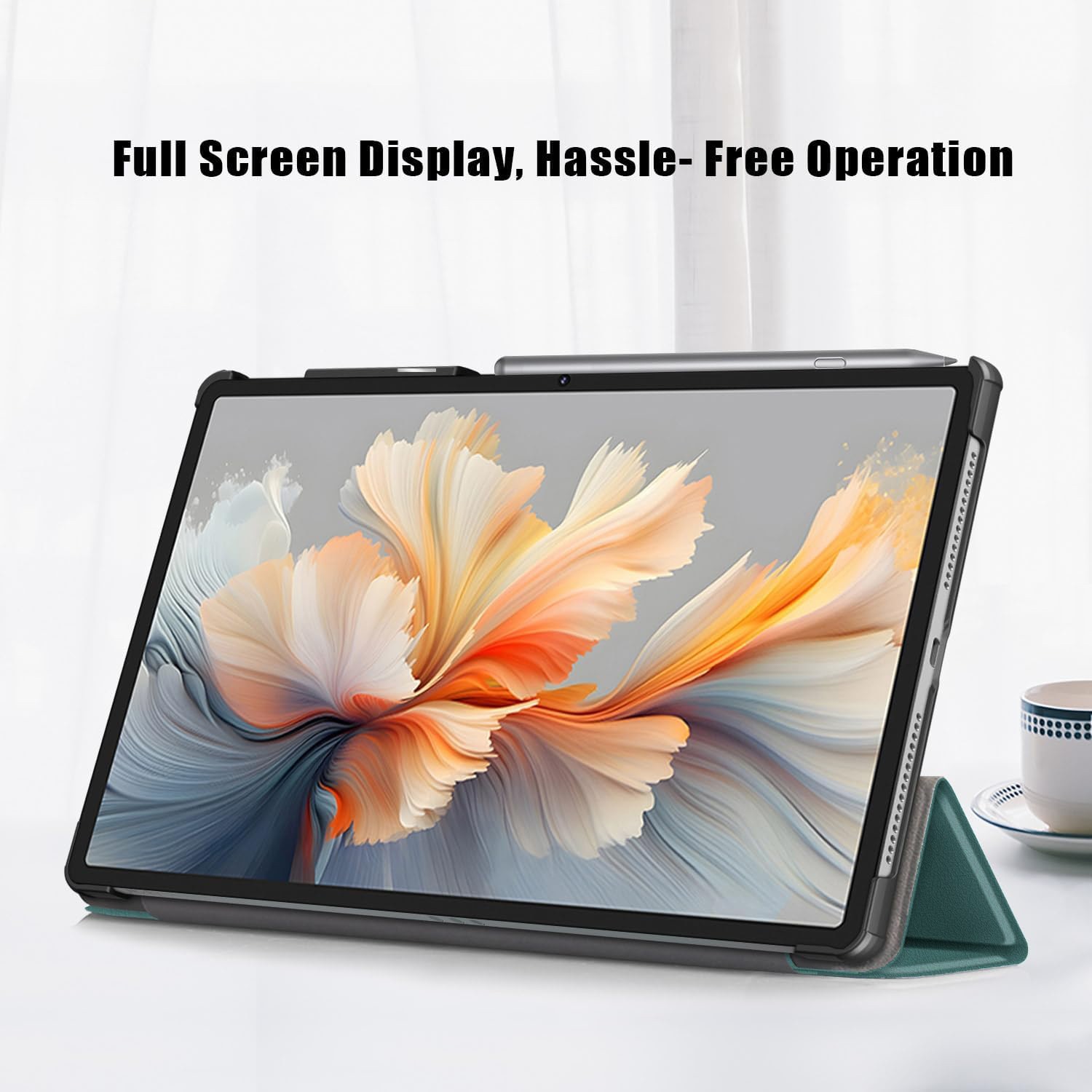 Husa tableta pentru, Lenovo Yoga Tab Plus 12.7" 2025, Omelivon, Auto functie sleep/wake tip stand, Verde inchis