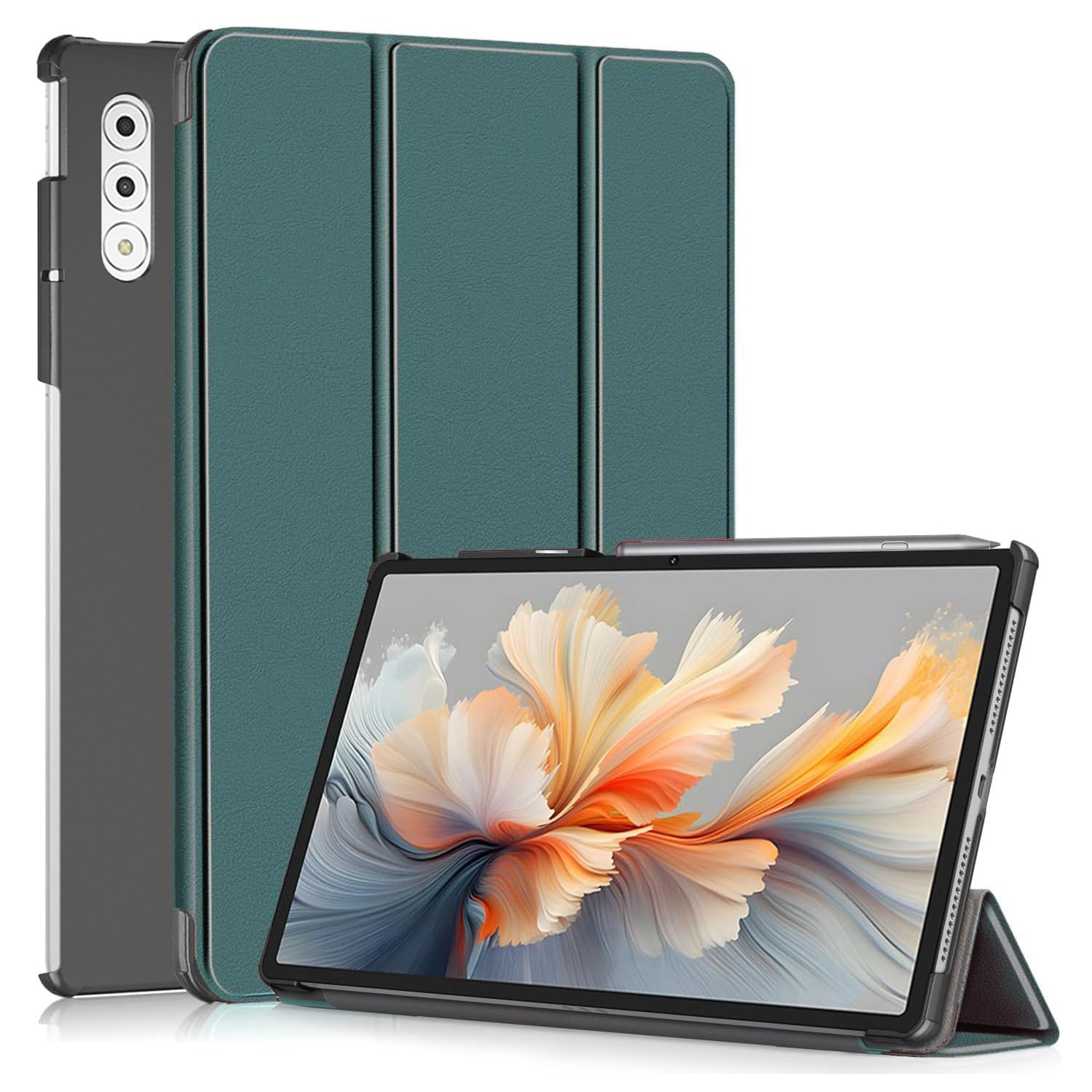 Husa tableta pentru, Lenovo Yoga Tab Plus 12.7" 2025, Omelivon, Auto functie sleep/wake tip stand, Verde inchis