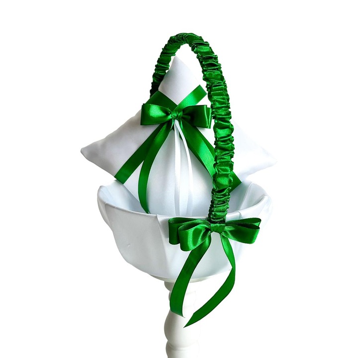 Set cosulet si pernuta pentru nunta, alb cu panglica verde, dimensiuni cosulet 20x25cm, pernuta 18x18cm