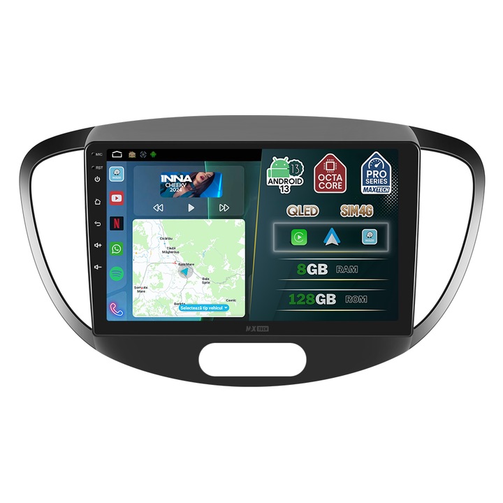 Navigatie Hyundai i10 (2007-2013) dedicata, MaxTech® PRO SERIES, 8 GB Ram 128 GB Rom OctaCore, Carplay & Android auto, Ecran 9” HD Touch, SIM 4G, GPS, Wifi, Bluetooth, Radio, EQ, Waze, Youtube