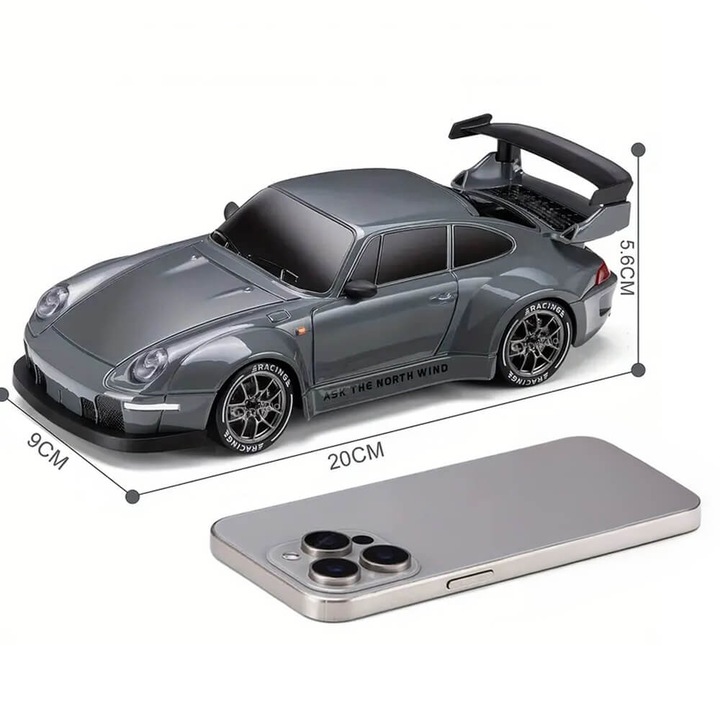 Кола с дистанционно управление, RC дрифт количка, 1:24, 2.4GHz, 20 км/ч, задвижване на всички колела, 2 комплекта гуми (скорост и дрифт), включени препятствия, акумулаторна батерия, сива