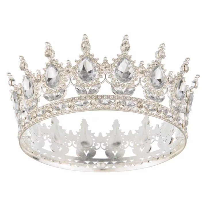 Coronita de lux, Charmorah, pentru ornat torturi, coronita fetita, coroana tort, model cu pietre stras, diadema decorativa, topper botez, aranjamente festive, 5.3x12.4 cm, argintiu