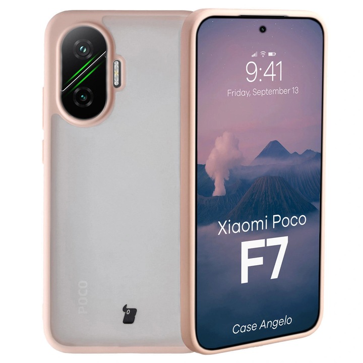 Husa Bizon Case Angelo pentru Xiaomi Poco F7, partial transparent cu rama roz