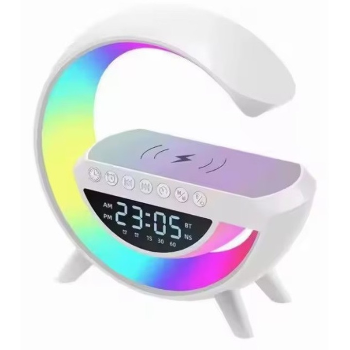 Boxa 3 in 1 cu ceas, lampa led rgb smart, Rovitech, incarcator telefon wireless, bluetooth, lumina rgb, alb