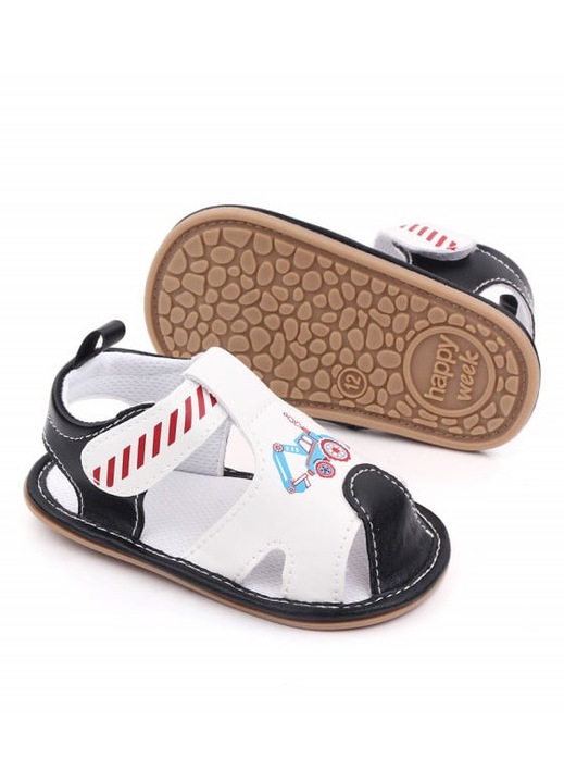 Sandale SuperBaby, Model AL 10973 Masinuta, Piele ecologica, Baieti, Alb cu Negru, 3-6 luni