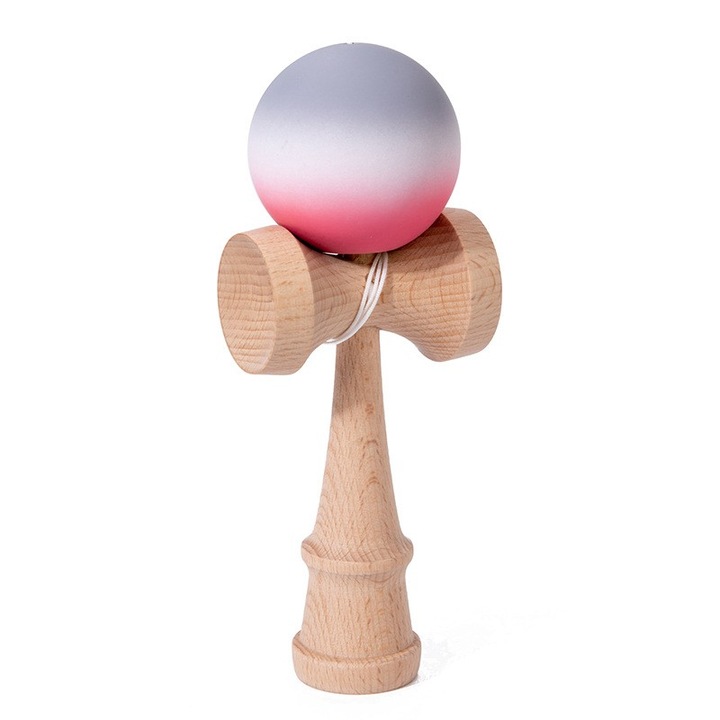 Professzionális Kendama, Fa, 18 cm, Ügyességi játék gyerekeknek és felnőtteknek, Átmenetes minta, Rózsaszín / Fehér / Szürke