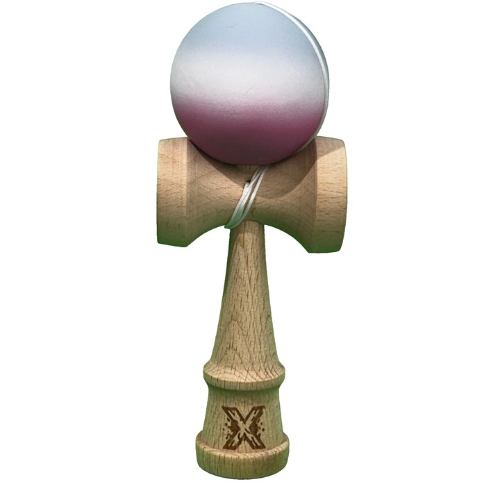 Eredeti Kendama gyerekeknek, fából, 18 cm, gumi markolat, rózsaszín/fehér/szürke gradiens