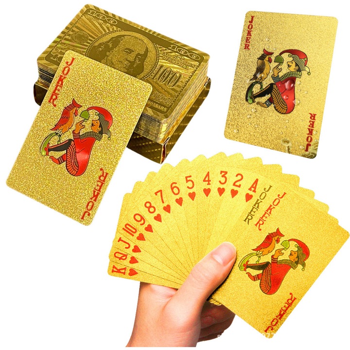 Talia de carti de joc din plastic aurii, LEAN TOYS, 54 carti, set de jocuri de societate