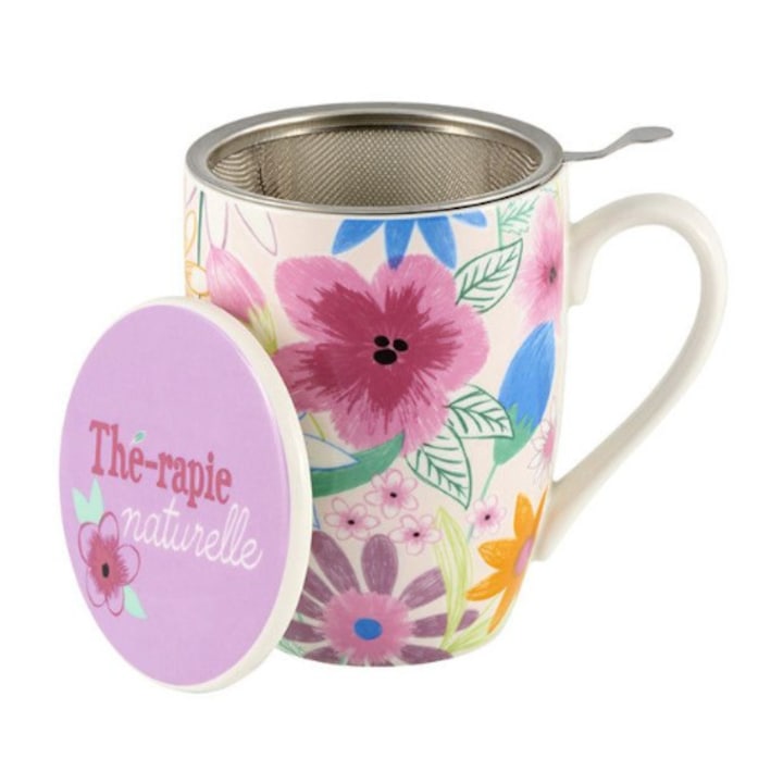 Cana cu capac si infuzor Derriere la porte Japon Flori, Portelan, Multicolor