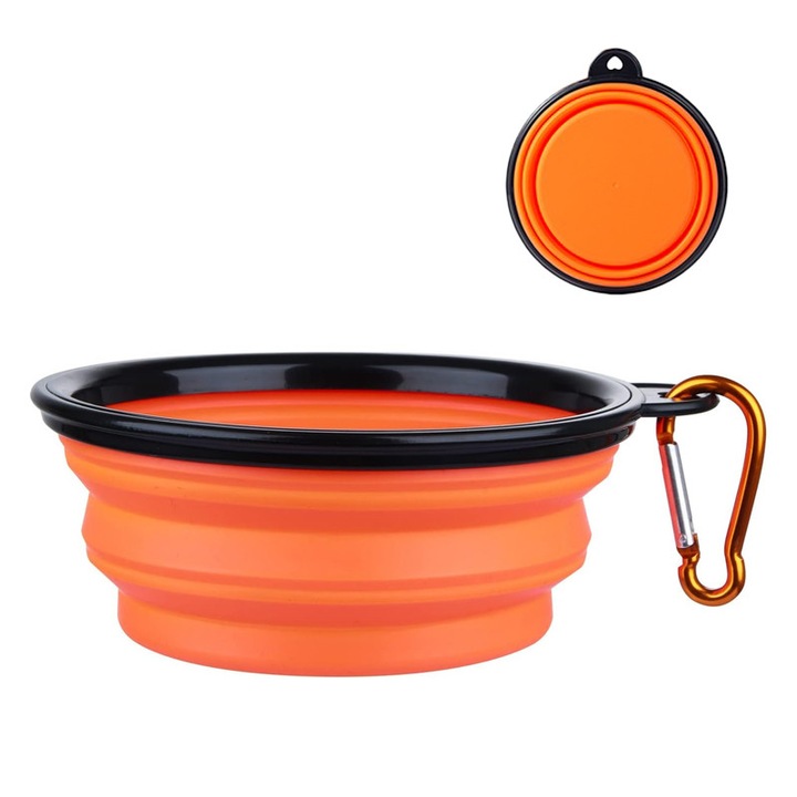 Bol pliabil portabil pentru caini/pisici NEXTLY, 2 nivele de adancime, pentru apa si mancare, agatatoare detasabila inclusa, silicon non-toxic, 17.5cm diametru, 7cm inaltime, L - portocaliu