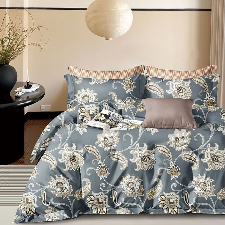 Lenjerie pat dublu extra large Percalle imprimat Bumbac 100%, 6 piese, cearsaf pat 240x260 cm, pilota 200x230 cm, 2 fete perna 50x70 cm si 70x70 cm, Eleganta Gri / Maro, Pucioasa