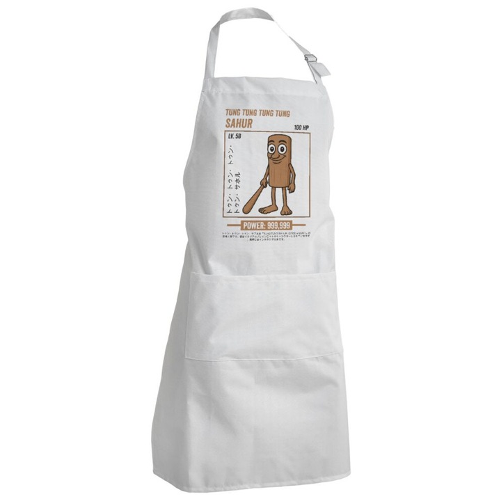 Sorturi bucatarie si gratar, Tung Tung Tung Sahur, sort de bucatarie adult, alb, cu 2 buzunare, dimensiuni buzunar 40x22cm