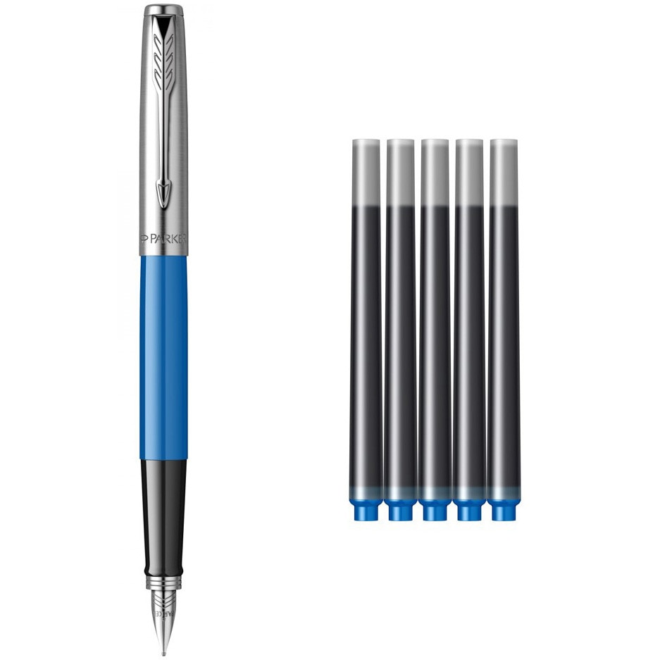 Set Parker Stilou jotter Standard Electric Albastru + 5 cartuse lungi albastru lavabil