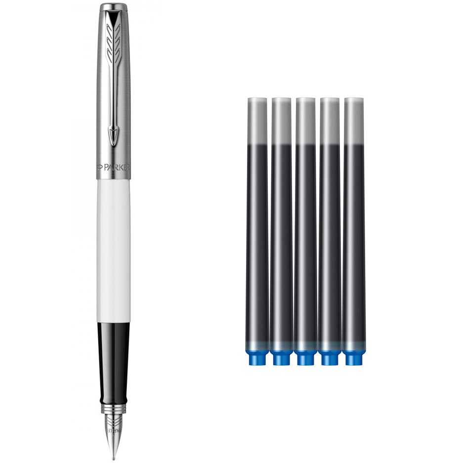 Set Parker Stilou jotter Standard Alb + 5 cartuse lungi albastru lavabil