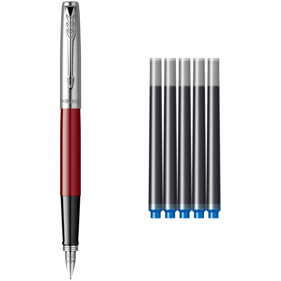 Set Parker Stilou jotter Standard Rosu + 5 cartuse lungi albastru lavabil