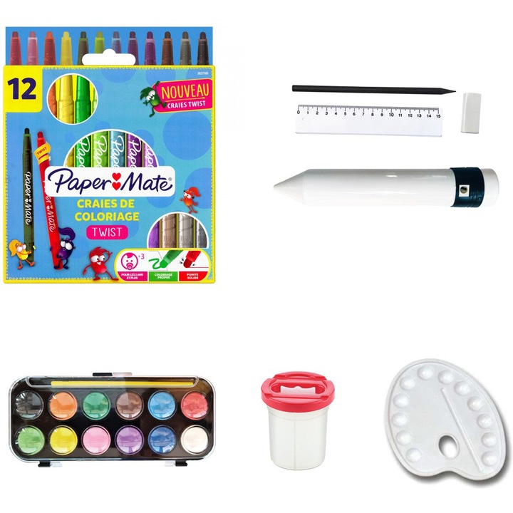 Комплект Papermate 12 восъчни пастела + 12 акварелни пастела с четка + Стъкло за рисуване + Палитра за рисуване + Дървен молив Rotring + Гумичка T30 + Линийка 15 см + Твърд несесер с острилка