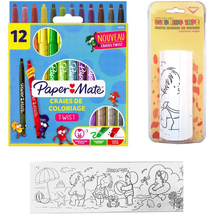 Комплект Papermate 12 восъчни пастели с въртящи се краища + Самозалепваща се лента за оцветяване 10 см * 4 м