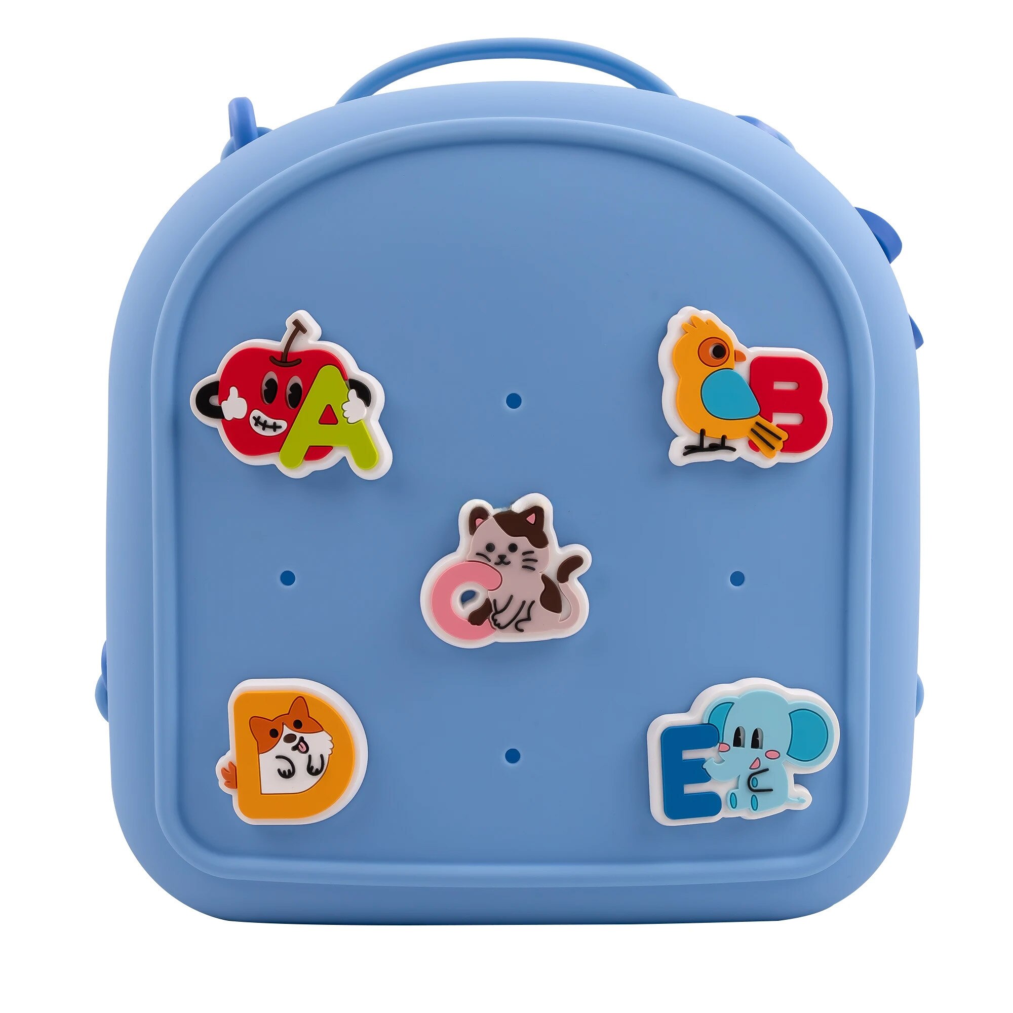 Ghiozdanel gradinita din silicon cu charms albastru si cutie de Ghiozdanel gradinita din silicon cu charms albastru si cutie de