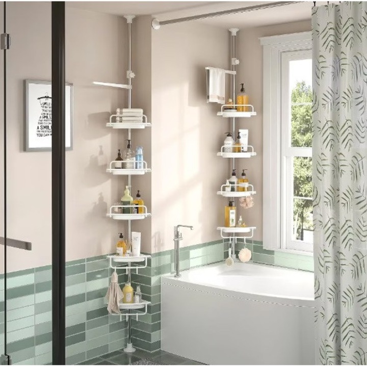 Etajera colt pentru baie si dus, 4 sau 5 rafturi, inaltime reglabila 260cm, montare pe colt