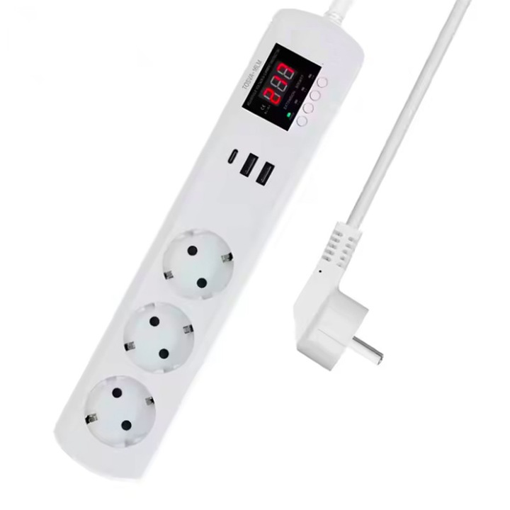 FUSIONTECHX Смарт контакт, 3 AC контакта, 2 USB, 1 Type-C, регулируема защита, 220V, 16A, бял цвят, дължина на кабела 1.6 метра