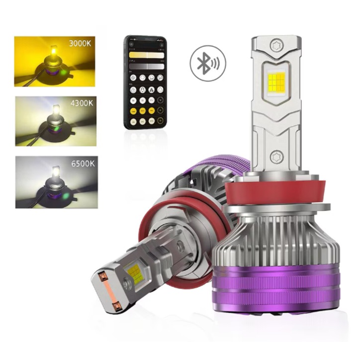Set 2 Becuri Auto H11 INELAG Premium, LED HEADLIGHT, Putere de 160W, 3000K, 4300K, 6500K Galben-Alb Reglabil Din Telecomanda, 16000LM Canbus, Fara Eroare de Bec Ars, cu Ventilator pentru Racire