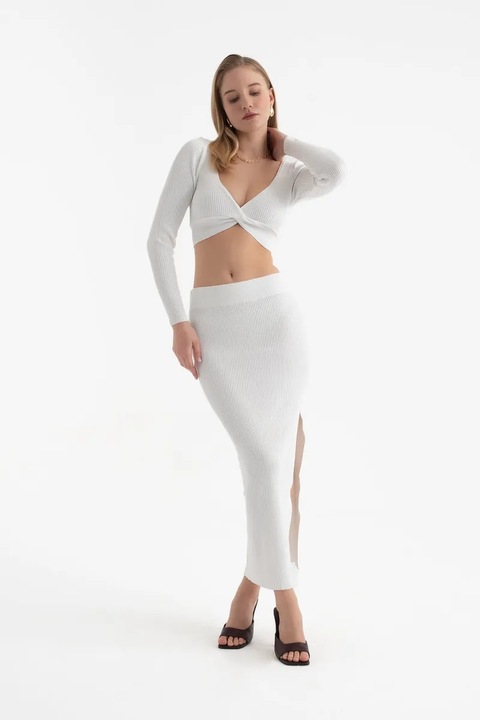 Compleu dama, HiCCUP, set 2 piese, fusta maxi, alb, textil