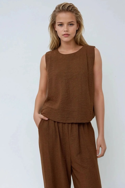 Compleu dama, HiCCUP, bluza si pantaloni largi, maro, poliester