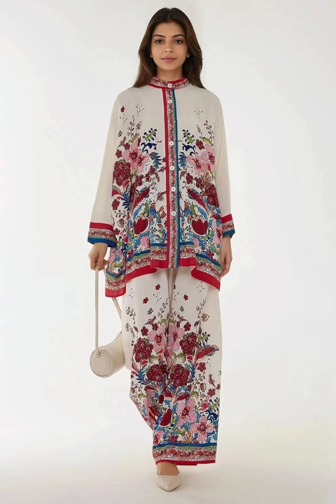 Compleu dama, HiCCUP, pantaloni cu talie inalta, croiala larga, alb, textil