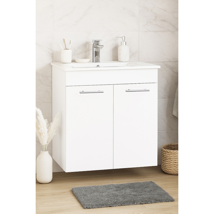 Set mobilier baza si lavoar Badenmob seria 067, suspendat cu 2 usi, 60x46x52cm, Alb