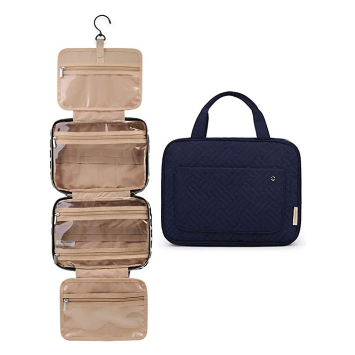 Geanta cosmetice multifunctionala cu 4 Compartimente, albastru, organizator cu agatatoare tip umeras si sistem anti-scurgere