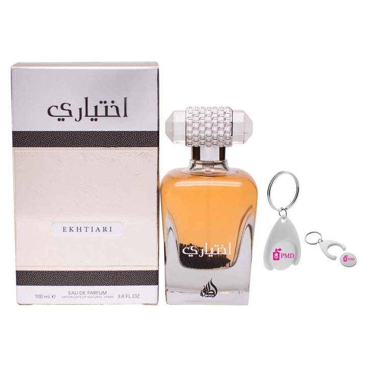Set Apa de Parfum Ekhtiari, Lattafa, Femei, 100ml cu Breloc Personalizat "PMD"