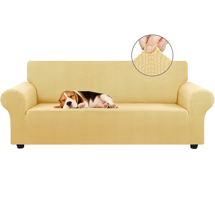 Husa Canapea Elastica MONDESA®, 3 Locuri, Protectie Ideala Canapea, Dimensiune Adaptabila, Rezistenta Par si Urme Animale, Protectie Pete Copii Mici, Lavabila, Montare Usoara, Design Elegant, Bej